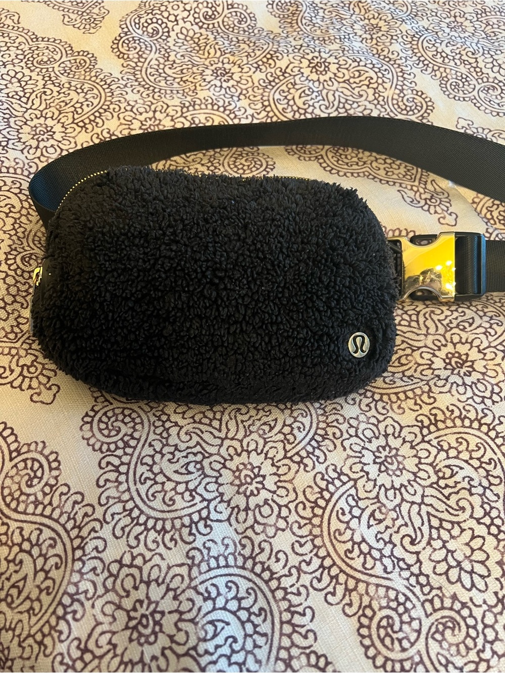 lululemon athletica Black Sherpa Waist Bag with Gold Accent